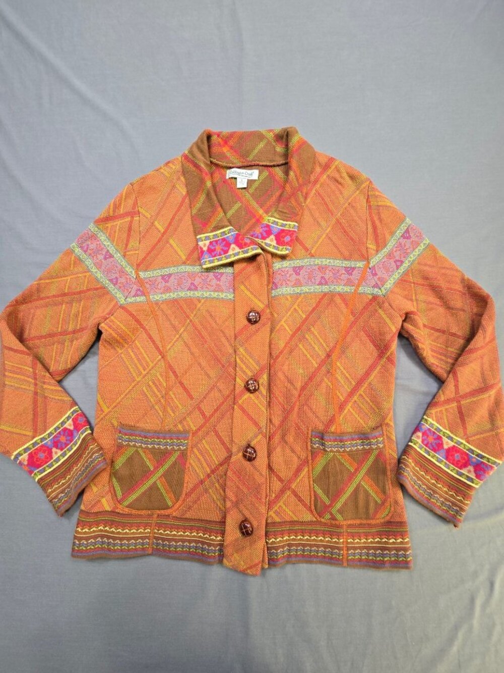 Coldwater Creek Large Button-Up Jacket Orange Cardigan Geometric Boho